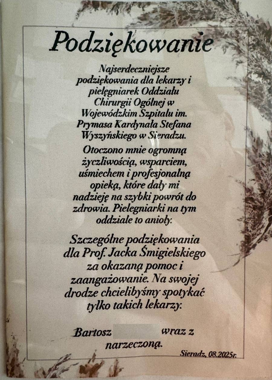 Podziękowania dla Oddziału Chirurgii Ogólnej i Onkologicznej 