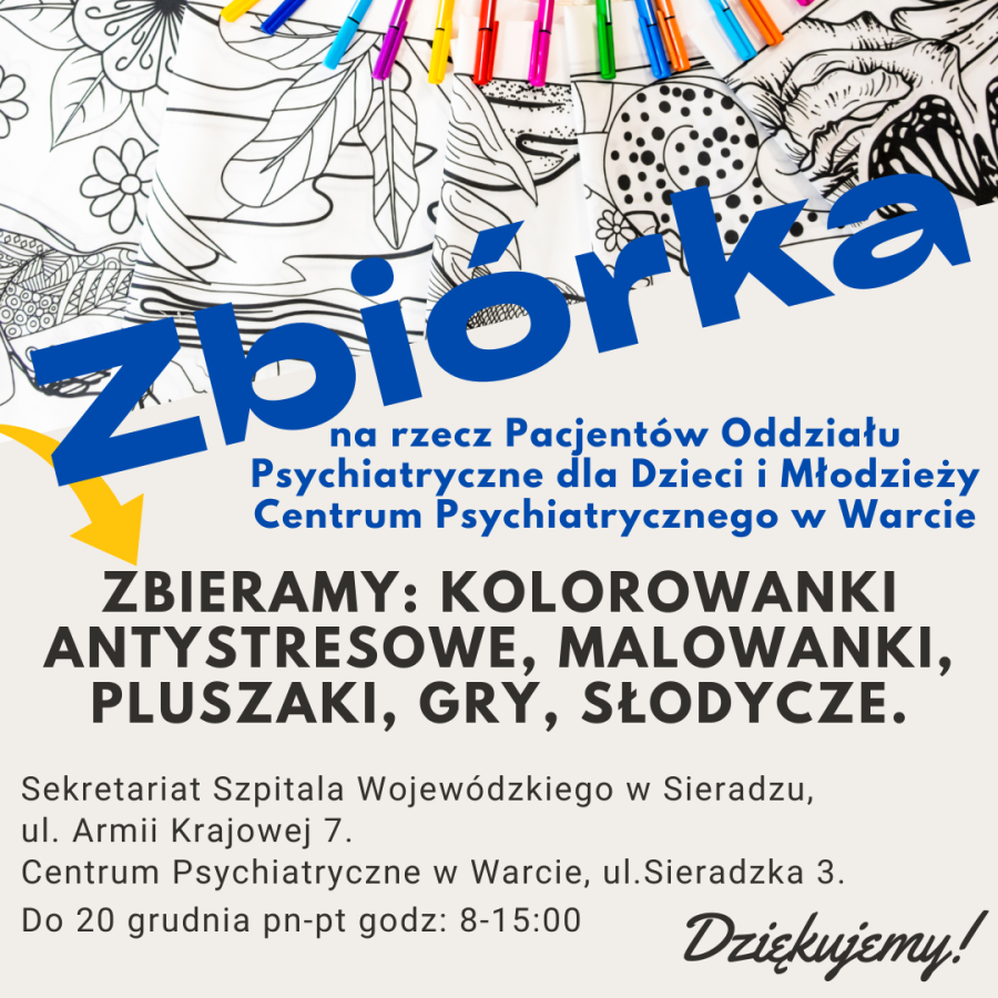 Zbiórka darów dla Pacjentów z Oddziału Psychiatrycznego dla Dzieci i Młodzieży 